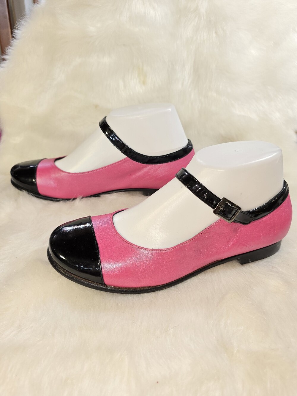 Women's Pink and Black Mary Jane Flats with Buckle Strap